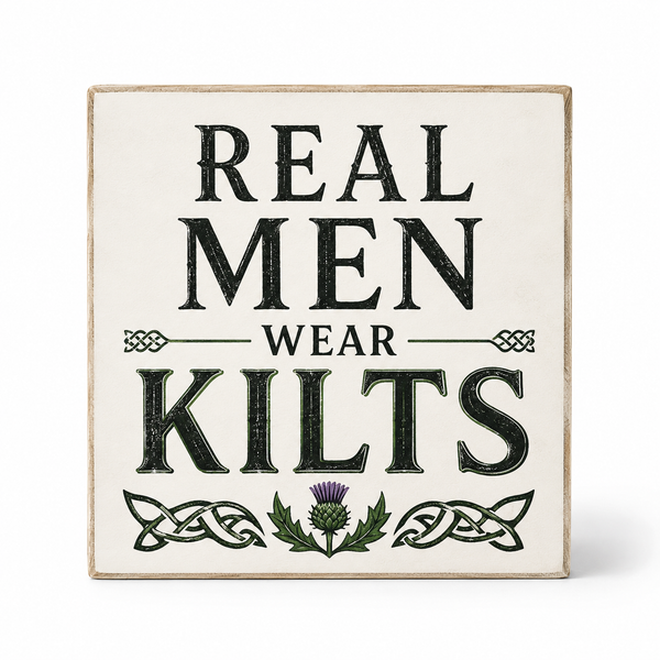 A square decorative wooden sign with a distressed cream background and bold black text reading 'REAL MEN WEAR KILTS,' accented with a small thistle and Celtic knot illustration. The sign is photographed against a clean white background.