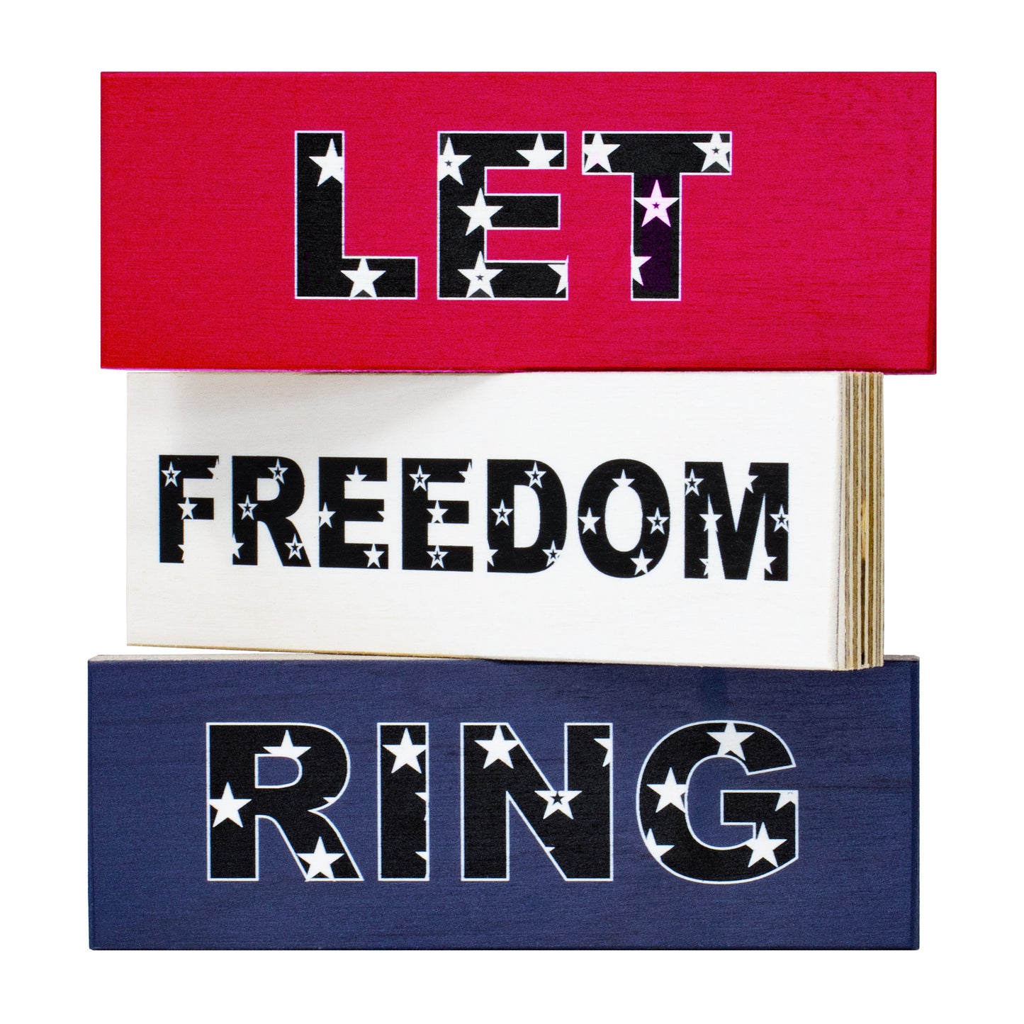 JennyGems Let Freedom Ring Wooden Block Signs 3pc, Patriotic Tiered Tray Decor, 4th of July Decorations, Memorial Day, Red White Blue, Made in USA