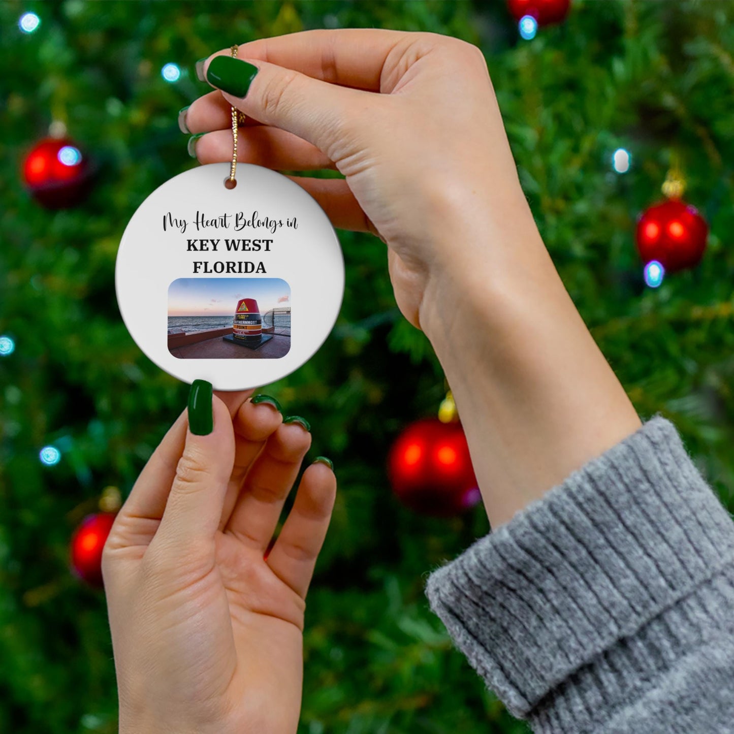 My Heart Belongs in Key West Ceramic Ornament, Iconic Marker Photo, Florida Souvenir, Key West Christmas Decoration, Vacation Memory Gift