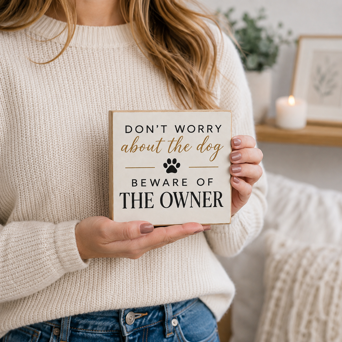 A woman in a cream knit sweater holds a square wooden sign that reads 'DON'T WORRY about the dog BEWARE OF THE OWNER' with a black paw print. The background shows a softly blurred cozy room with a lit candle and framed picture.