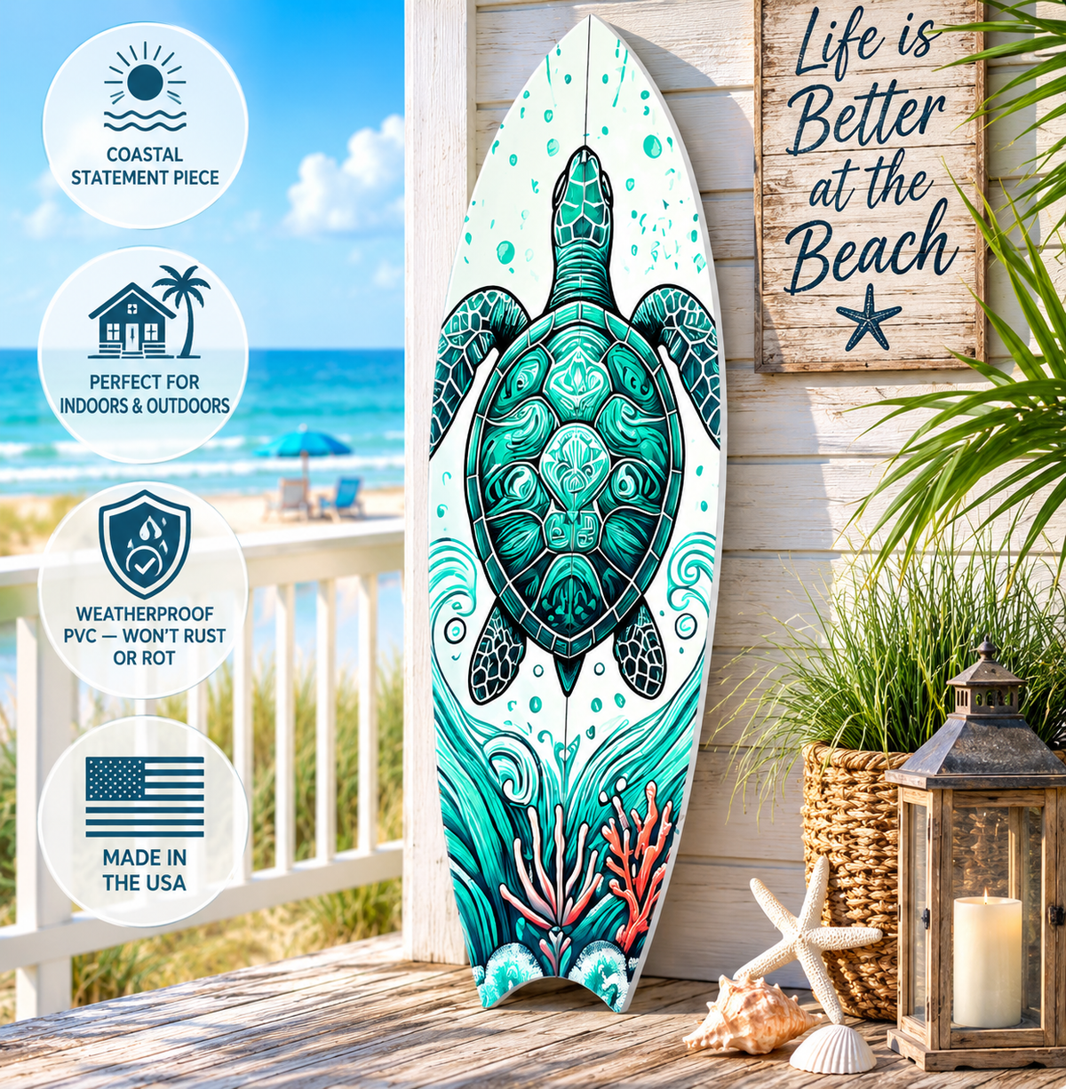 Decorative Turtle Surfboard Wall Art - Weather Resistant PVC Coastal Sea Decor for Beach House, Patio & Outdoor Living