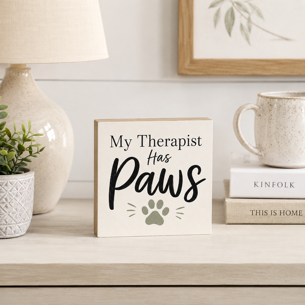 A square wooden sign with the text 'My Therapist Has Paws' and a paw print, styled on a light wood table next to a lamp, a small plant, books, and a ceramic mug.
