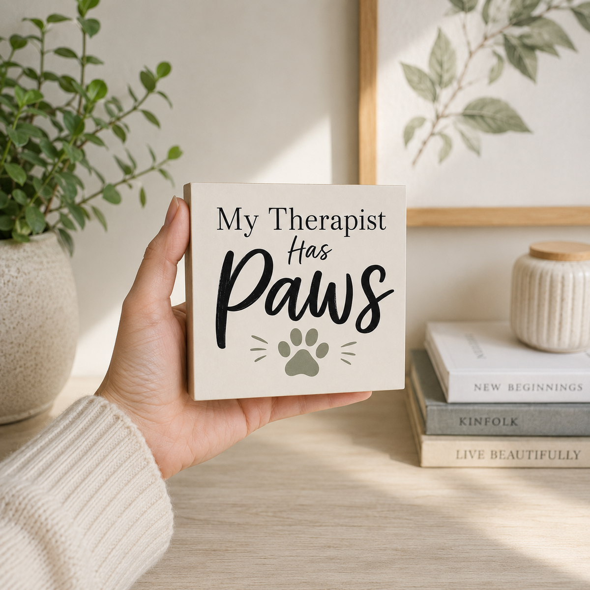 A hand holds a square cream-colored wooden sign that reads 'My Therapist Has Paws' with a small paw print graphic. The scene is set in a warm, styled home environment with a potted plant, books, and a ceramic jar in soft sunlight.