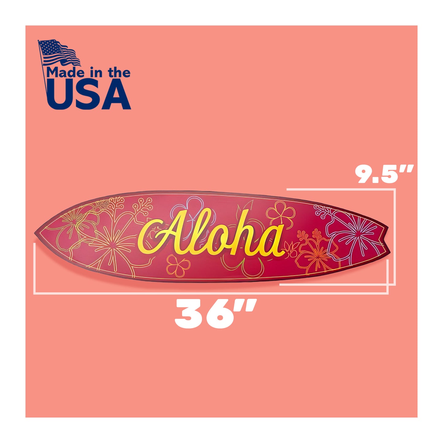 Outdoor Decorative Surfboard Wall Art in Fuchsia Color, Weather Resistant PVC, Aloha Design, Indoor Outdoor, 3 Foot
