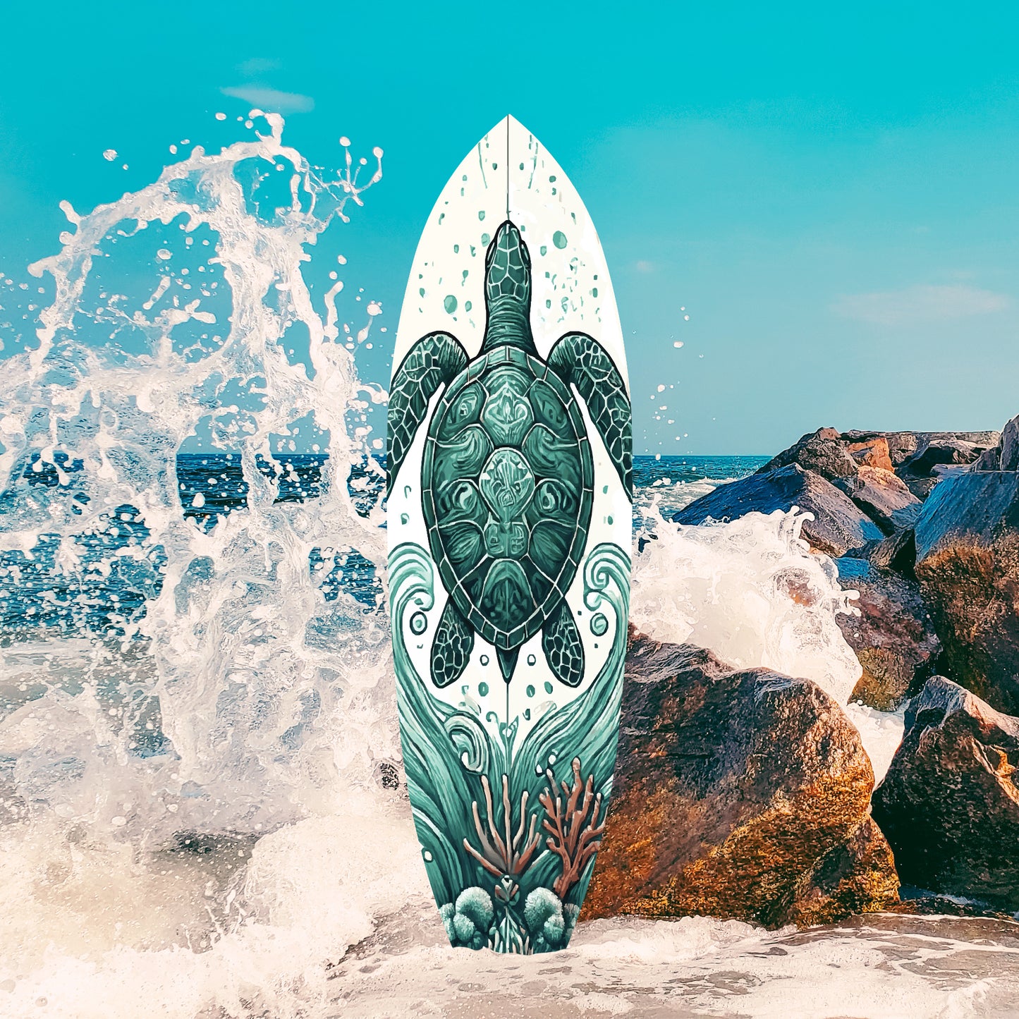 Decorative Outdoor Turtle Surfboard Wall Art, PVC, Weather Resistant, 5 Foot
