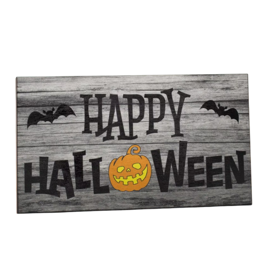 Rustic Happy Halloween Sign – Farmhouse Wooden Style Pumpkin and Bat Décor, Fall Mantel or Shelf Decoration, Halloween Gift