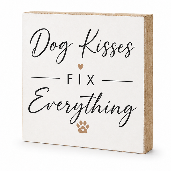 A square decorative wooden sign with a white front and natural wood sides, featuring the phrase 'Dog Kisses FIX Everything' in black script and block lettering, with small tan paw and heart graphics, shown on a white background.