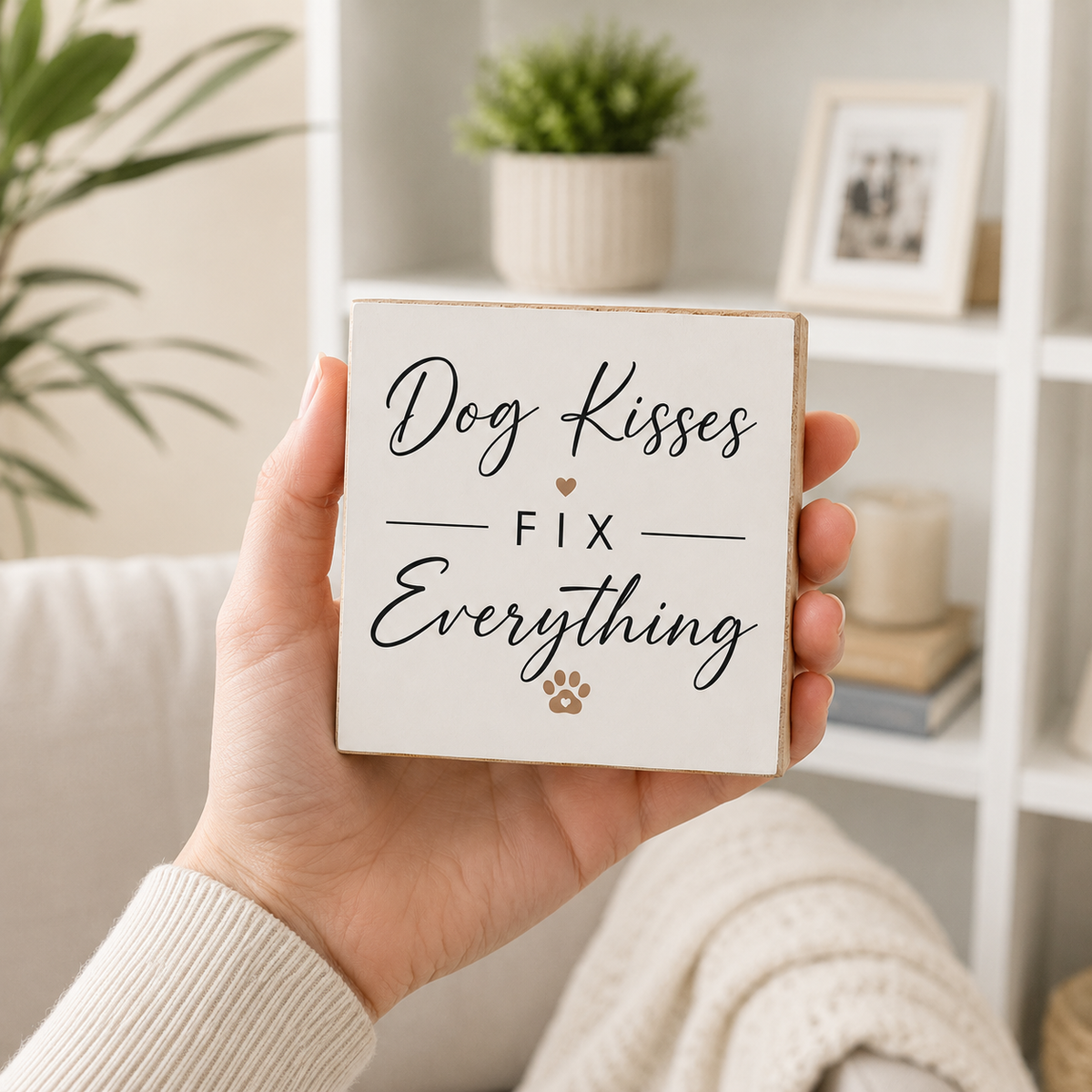 A hand holds a square white wooden sign with the phrase 'Dog Kisses FIX Everything' in black script and serif lettering, plus a small paw print. The background shows a softly blurred living room with shelves, a plant, and a cream knit blanket.