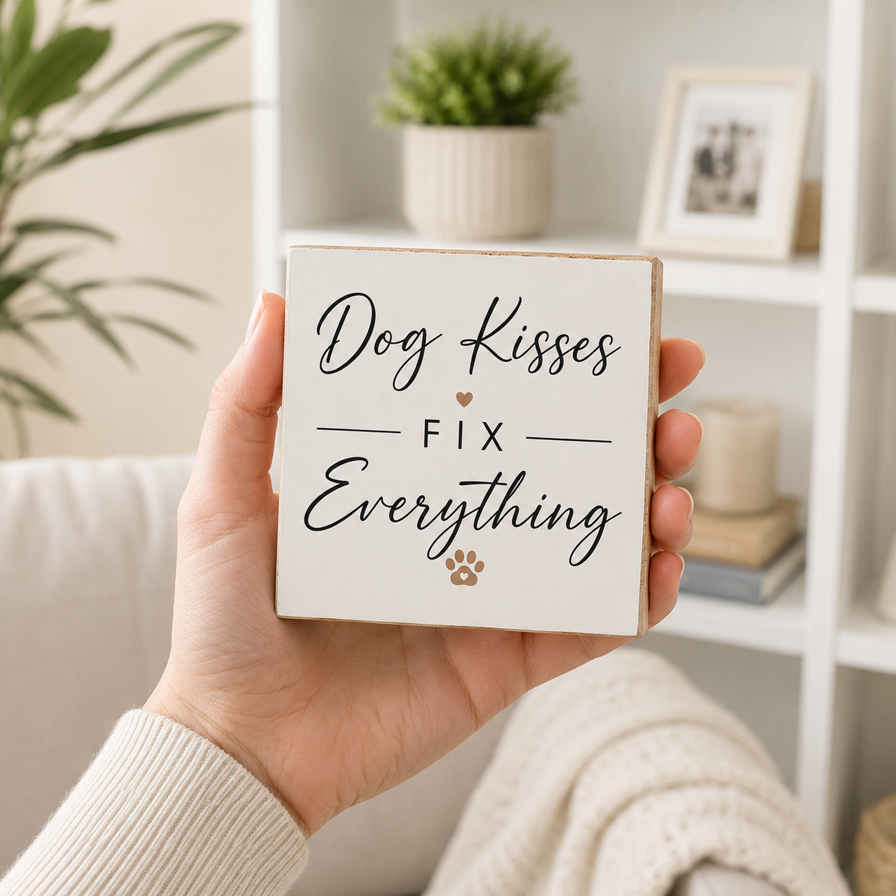 A hand holds a square white wooden sign with the phrase 'Dog Kisses FIX Everything' in black script and serif lettering, plus a small paw print. The background shows a softly blurred living room with shelves, a plant, and a cream knit blanket.