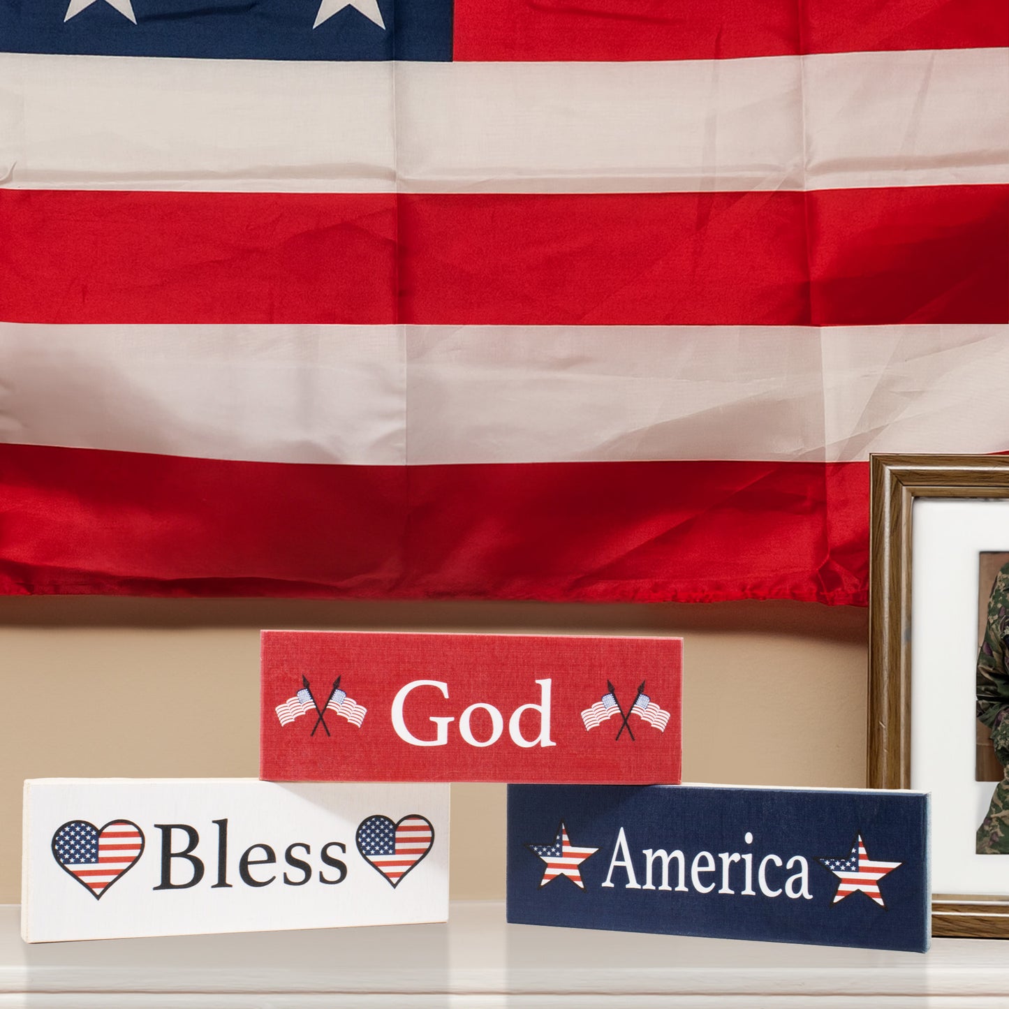 JennyGems American Pride Gifts, God Bless America Signs, Wood Blocks Set of 3, 5.5x2 in, Patriotic American Decorations, USA Tiered Tray Decor, Mantel Decor, Patriotic Home Decor, Made in USA