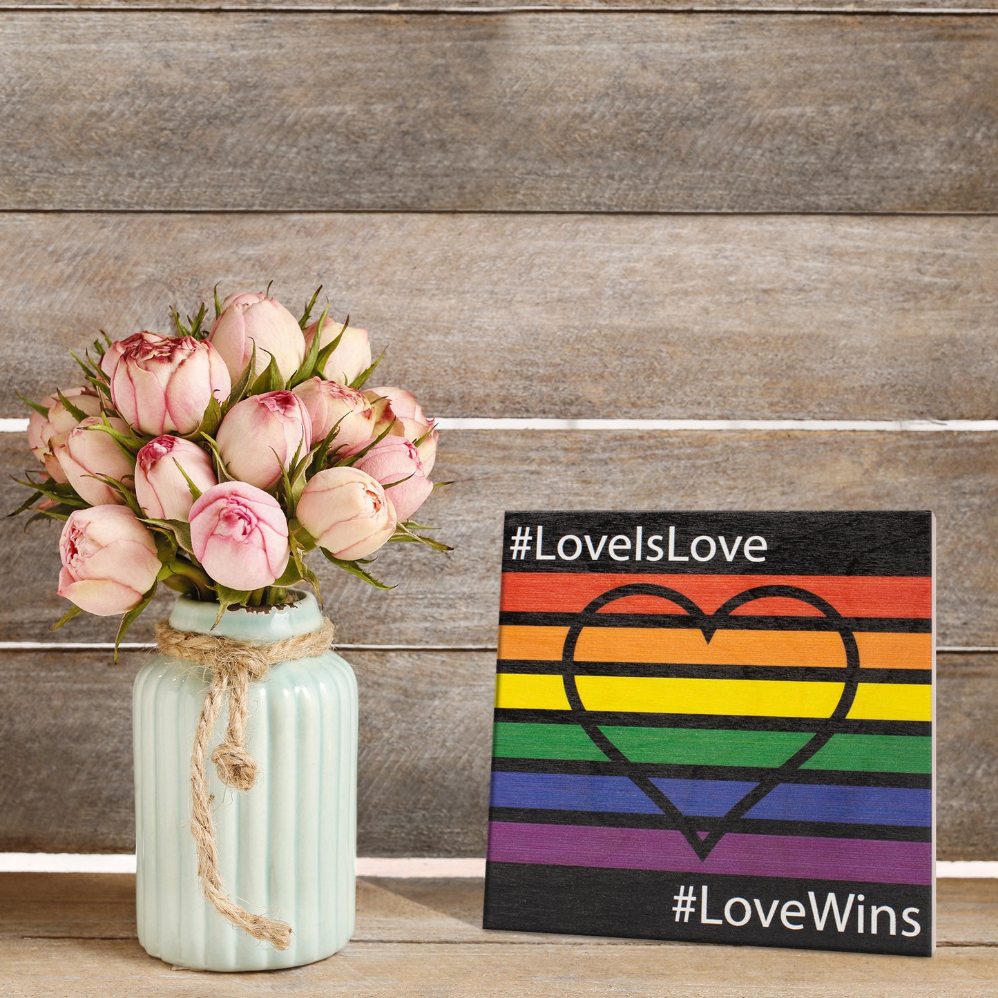 JennyGems LGBT Gay Pride Sign, Love Is Love Rainbow Pride Decorations, LGBTQ Pride Gifts, Rainbow Flag Sign, Gay Pride Flag, Gay Gifts, 5.5x5.5 Inch Wood Sign, American Made