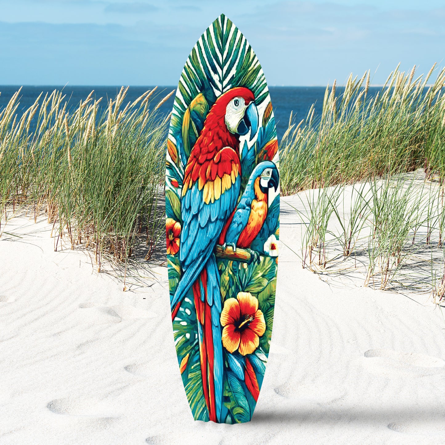 Parrot Surfboard Wall Art Tropical Theme, Decorative Indoor Outdoor Use, PVC, Bold Colors, 4 Foot