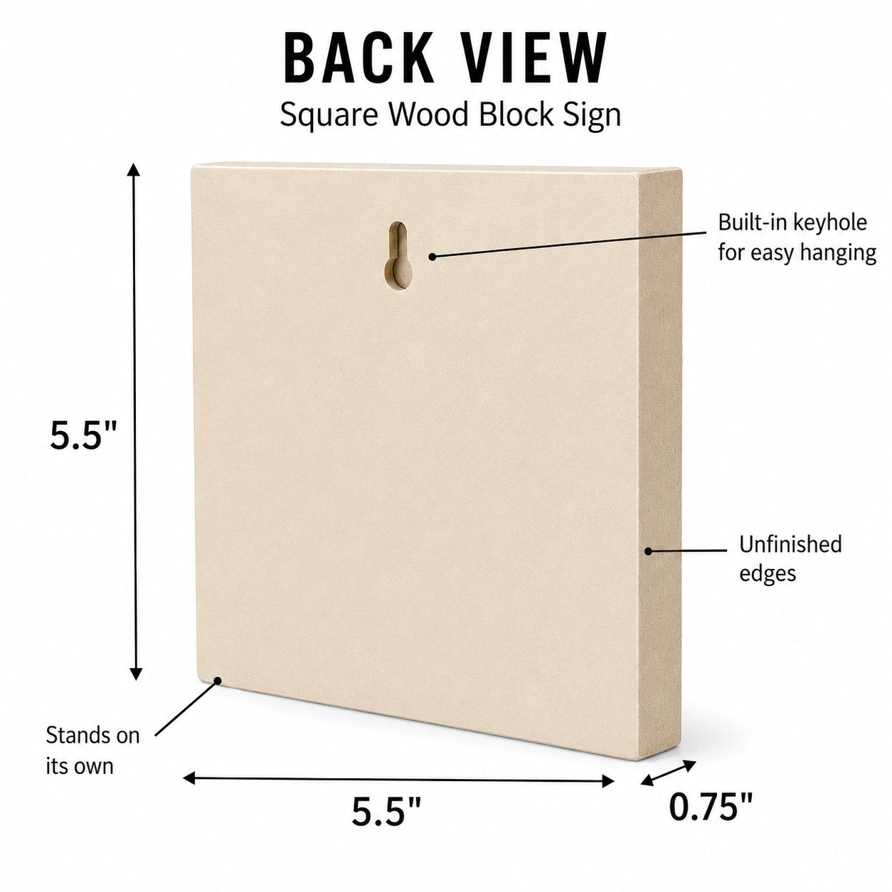 Back view of a square unfinished wood block sign on a white background, with dimension labels showing 5.5 inches height and width and a 0.