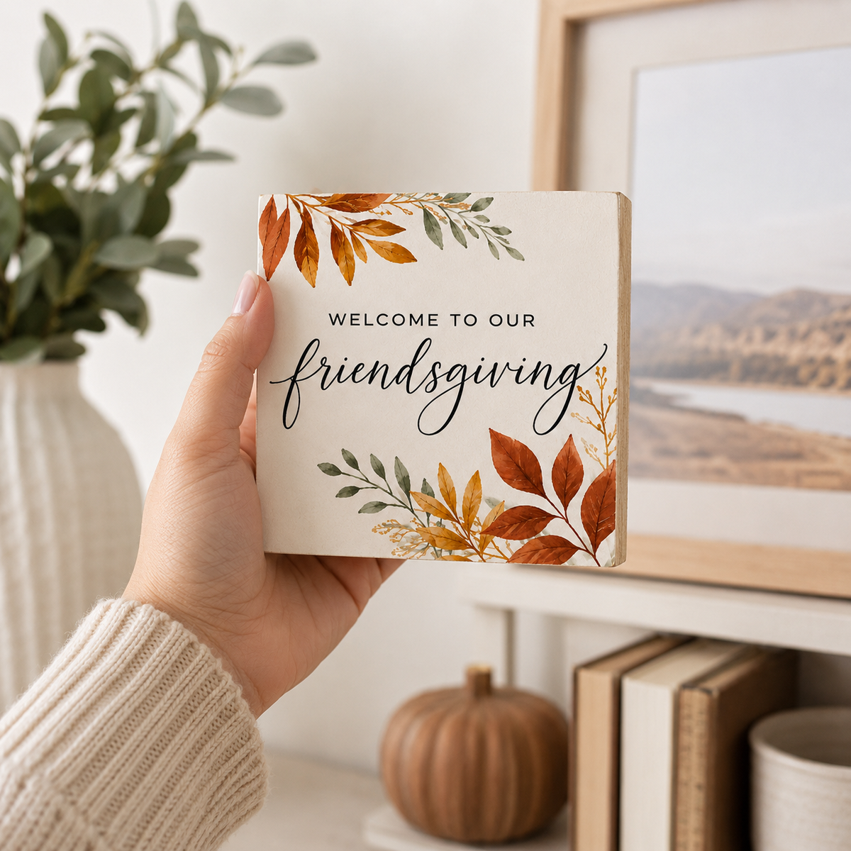 A hand holds a square decorative sign that reads “Welcome to our friendsgiving” with autumn leaf illustrations in orange, gold, and green. The background shows a cozy indoor setting with a framed landscape print, books, a small pumpkin, and a plant.