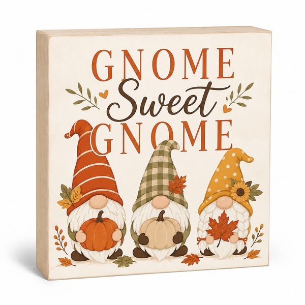 A square decorative wall sign with the phrase 'Gnome Sweet Gnome' in orange and brown lettering above three cartoon garden gnomes holding pumpkins and autumn leaves, shown on a clean white background.