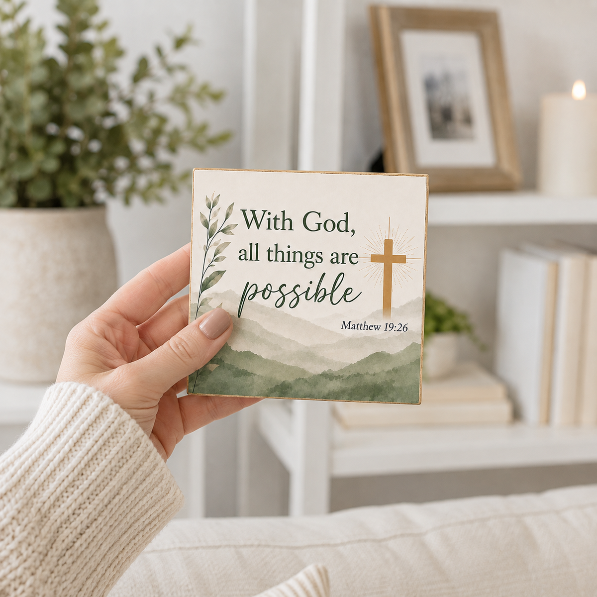 A hand holding a square decorative sign that reads 'With God, all things are possible Matthew 19:26' with a small cross and watercolor landscape. The background shows a softly blurred living room with a plant, framed picture, books, and a candle.