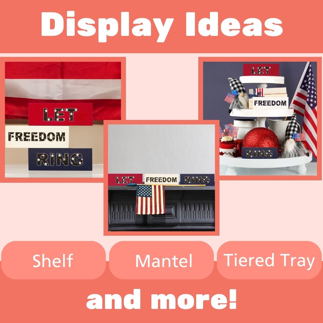 JennyGems Let Freedom Ring Wooden Block Signs 3pc, Patriotic Tiered Tray Decor, 4th of July Decorations, Memorial Day, Red White Blue, Made in USA