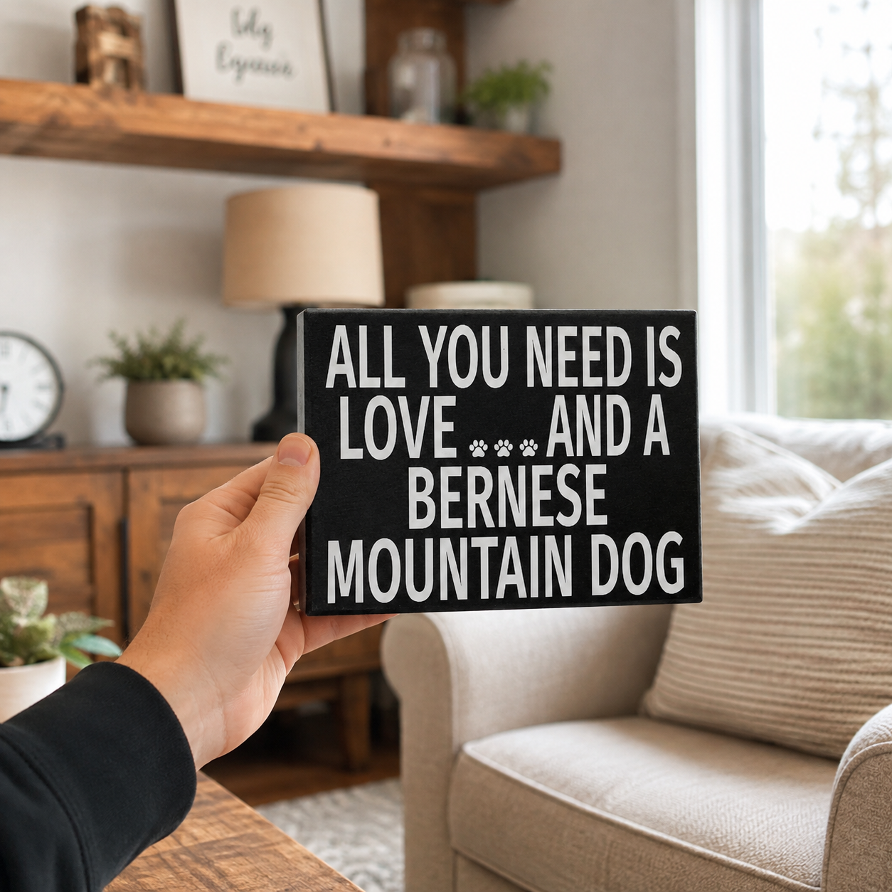 A hand holds a black rectangular sign with white text that reads 'ALL YOU NEED IS LOVE *** AND A BERNESE MOUNTAIN DOG' in a cozy living room setting with a sofa and wooden shelves in the background.