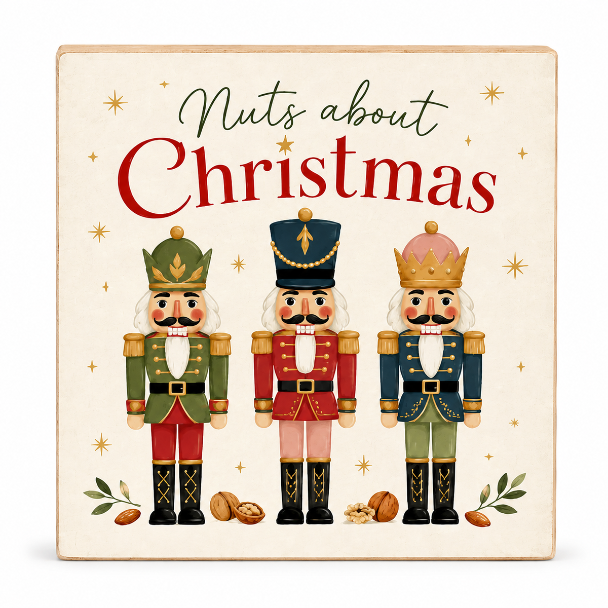 A square decorative sign with the phrase 'Nuts about Christmas' in stylized lettering above three illustrated nutcracker figures in green, red, and blue uniforms, on a cream background with small gold stars and nut illustrations.