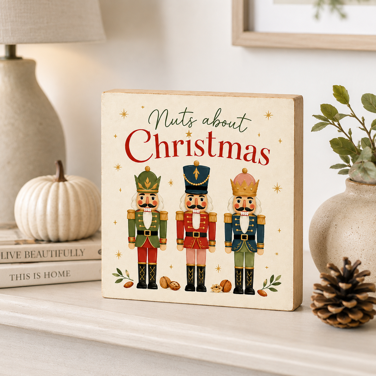 A square decorative sign with rounded corners reading “Nuts about Christmas” in red and green lettering, featuring three illustrated nutcracker figures. The sign is styled on a tabletop in a warm home setting with a lamp, books, a small pumpkin, greenery, and a pinecone around it.