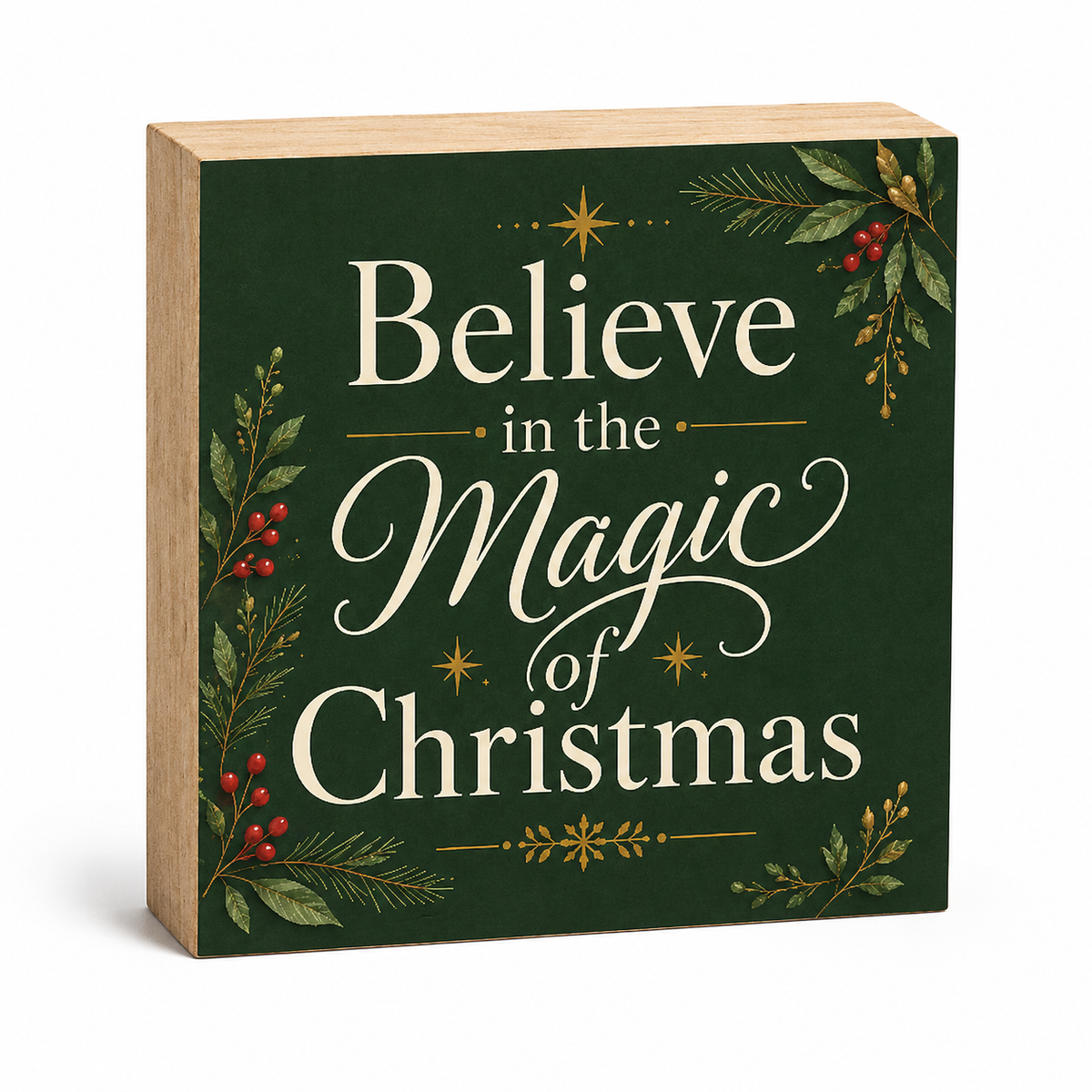 A square wooden Christmas sign with a dark green front panel and natural wood sides, featuring the phrase 'Believe in the Magic of Christmas' in white lettering with green and gold botanical illustrations, shown on a white background.