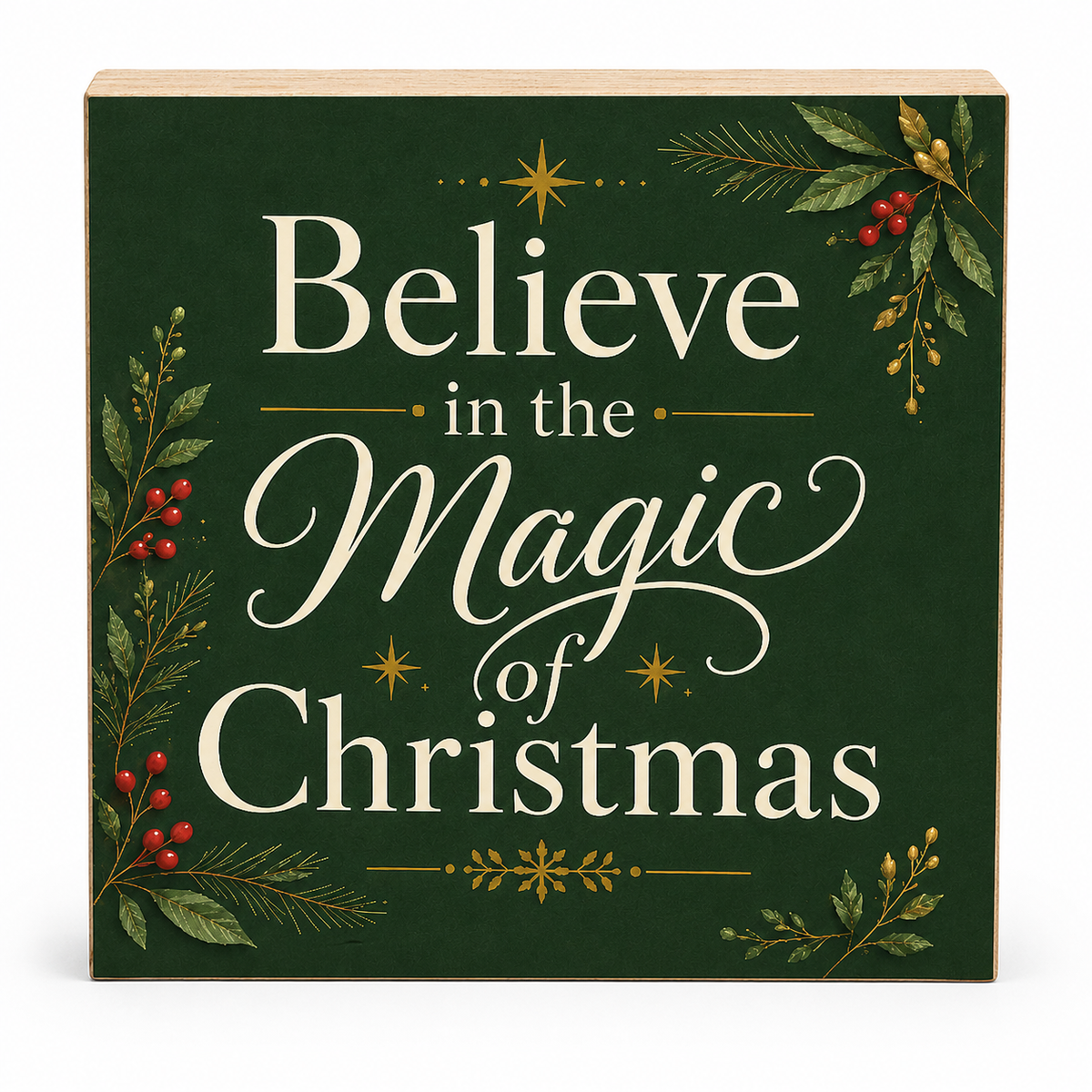 A square wooden Christmas sign with a dark green face and natural wood edges. The sign features the phrase 'Believe in the Magic of Christmas' in elegant cream-colored lettering, decorated with illustrations of green holly leaves, red berries, and gold stars.