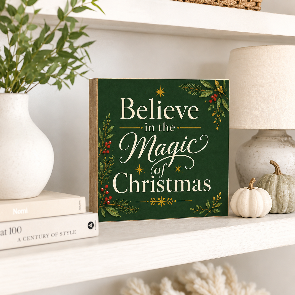A square decorative sign with the phrase “Believe in the Magic of Christmas” in white script and serif lettering on a dark green background, surrounded by gold stars and red berries. The sign is styled on a white shelf next to a white vase with greenery, a lamp, and small pumpkins.