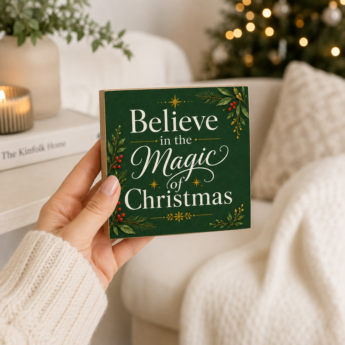 A hand wearing a cream knit sweater holds a square wooden Christmas sign that reads 'Believe in the Magic of Christmas' in white lettering on a dark green background with holly and berry illustrations. The background shows a cozy living room scene with a blurred Christmas tree and white sofa.