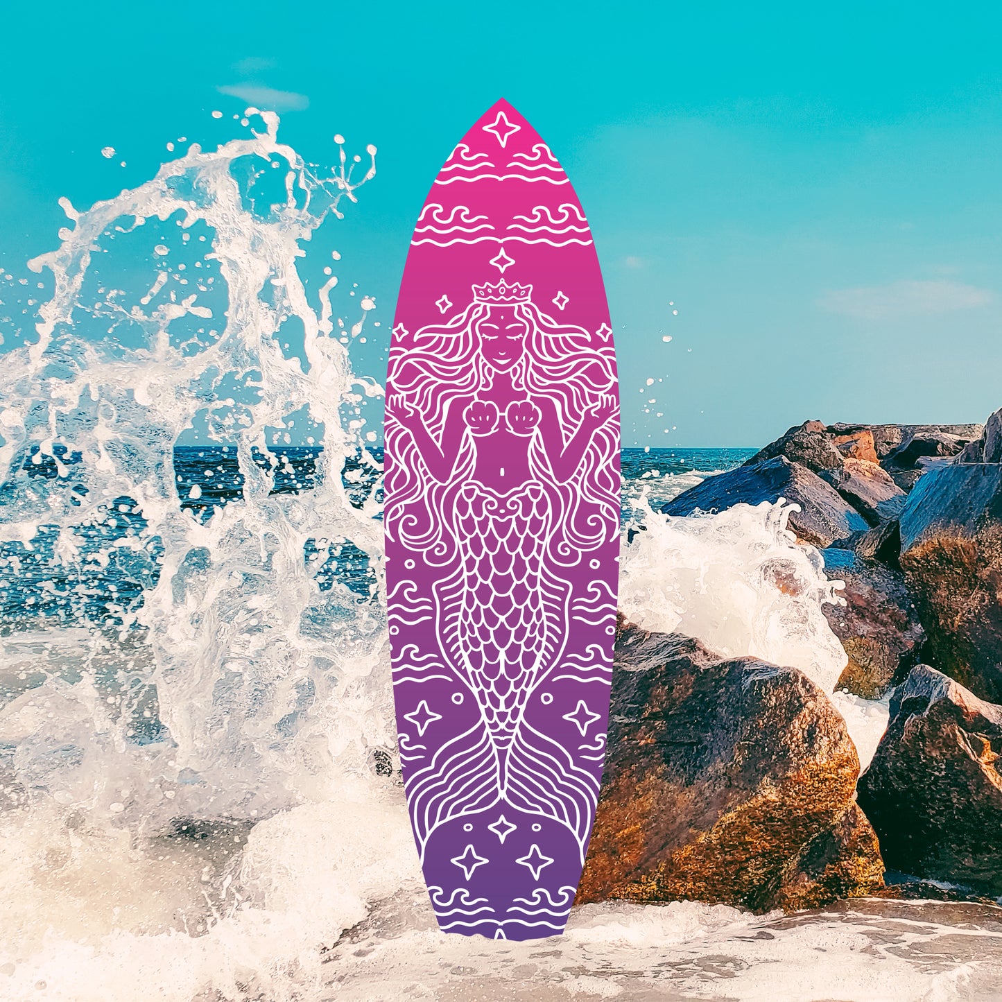 Outdoor Mermaid Surfboard Wall Art – Weatherproof PVC – Coastal Mermaid Sign for Beach House or Pool Area – Nautical Decor, Pink 5 Foot
