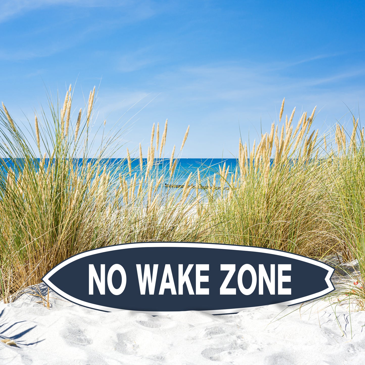 Outdoor No Wake Zone Surfboard Wall Art, PVC for Outside and Inside, Blue and White Nautical Decor, 4 Foot