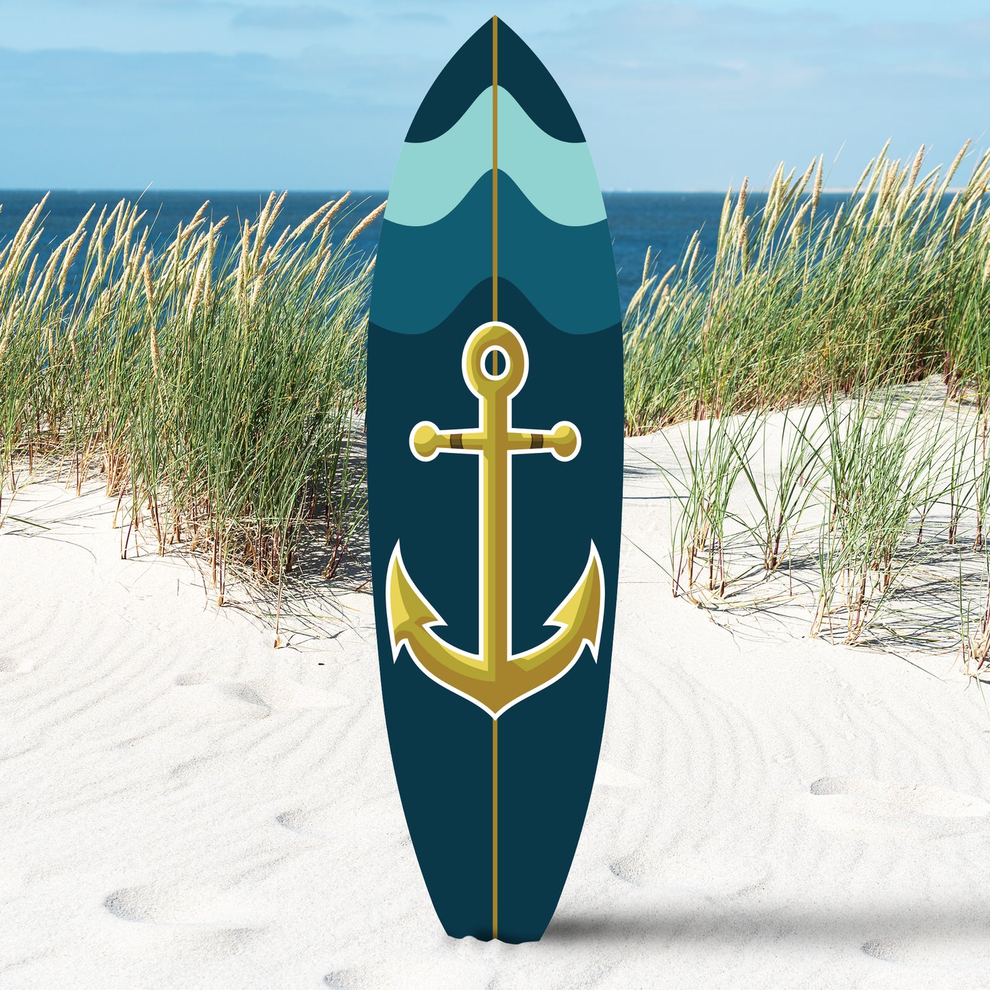Outdoor Nautical Anchor Surfboard Wall Art, Navy Blue and Teal, Indoor Outdoor Weather Resistant PVC, 4 Foot
