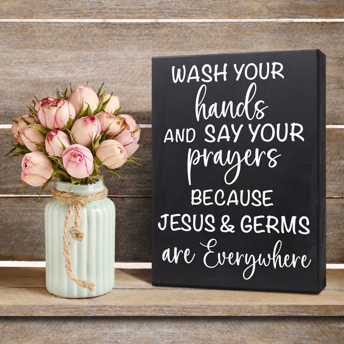 JennyGems Wash Your Hands & Say Your Prayers Sign Funny Farmhouse Bathroom Decor, Jesus and Germs Sign, Cute Farmhouse Bathroom Signs, Rustic Bathroom Wall Art Guest Bathroom Wall Decor