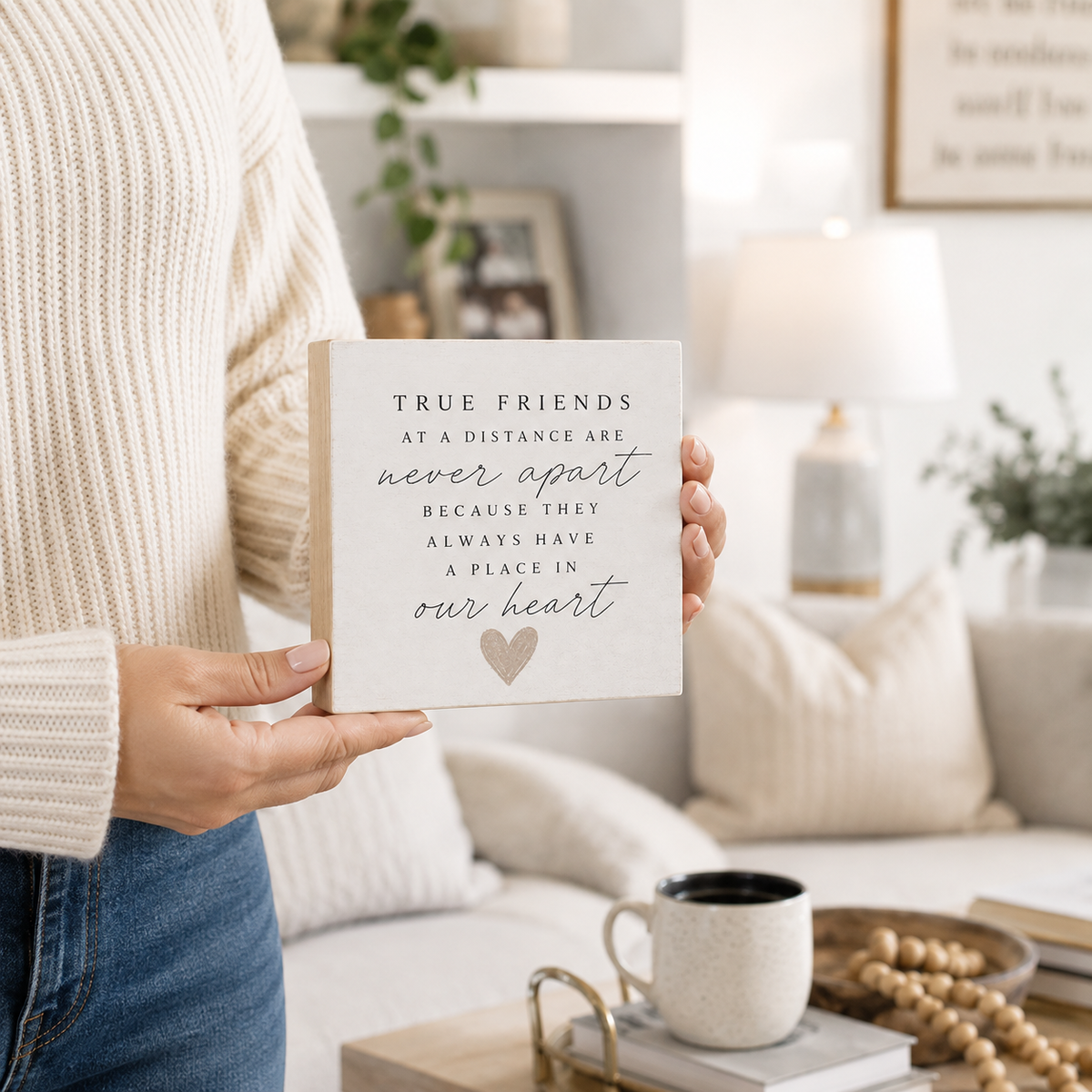 A person in a cream ribbed sweater holds a square white decorative sign with black script and serif text reading 'TRUE FRIENDS AT A DISTANCE ARE never apart BECAUSE THEY ALWAYS HAVE A PLACE IN OUR HEART' above a small heart. The background shows a softly blurred living room with a sofa, lamp, and mug.