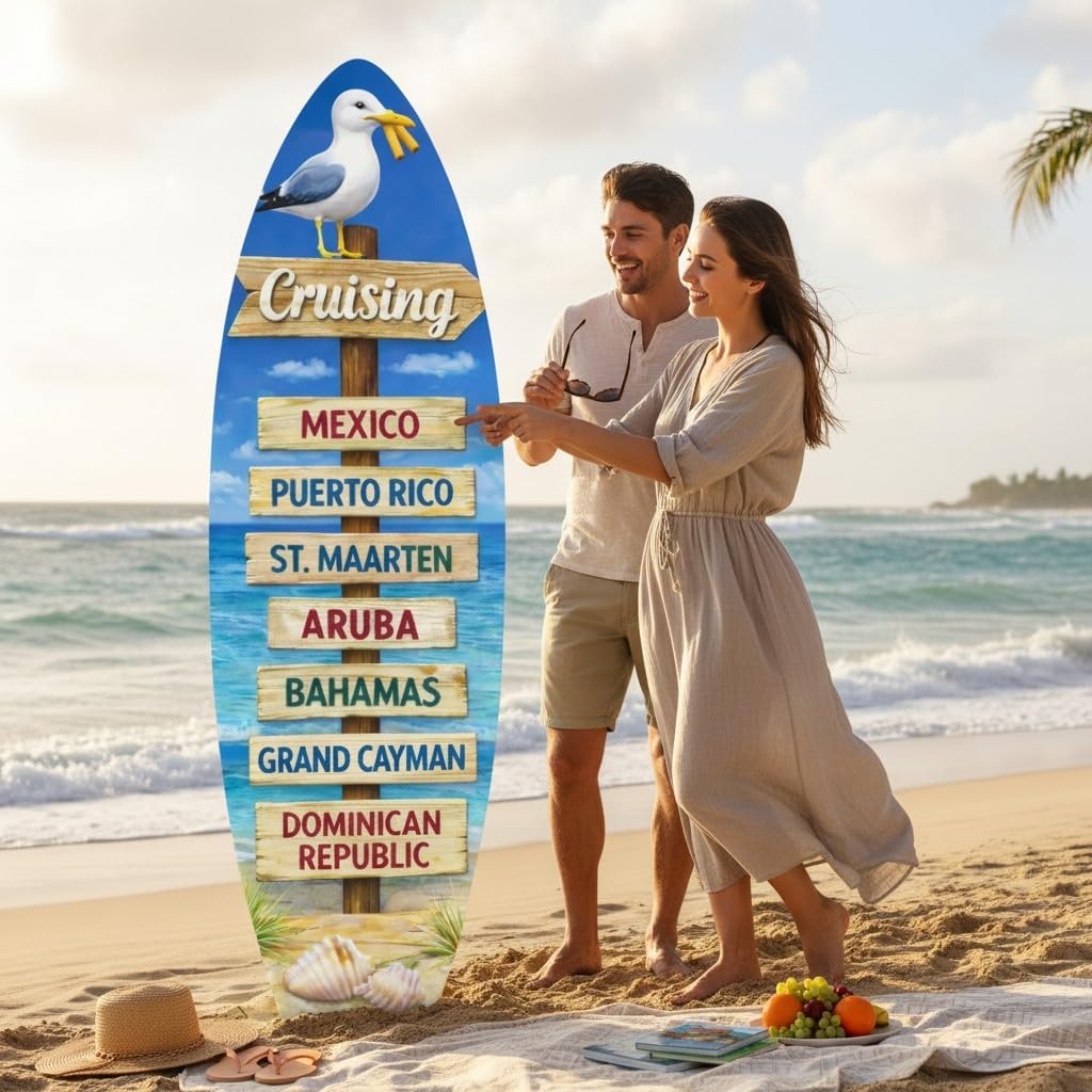 Cruising Addict Surfboard Sign, Nautical Beach House Wall Art, Cruise Ship Travel Souvenir, Coastal Gift Idea (3ft)