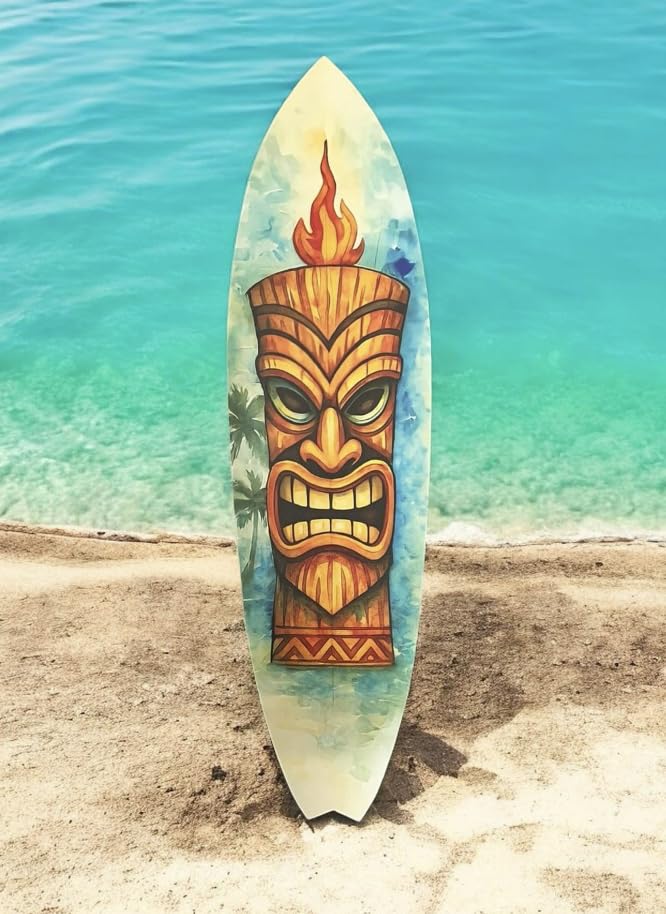 JennyGems Tiki Surfboard Wall Art  Polynesian Tropical PVC Decor, Outdoor Tiki Mask Surfboard Sign for Patio, Beach House, Luau, or Bar Wall Display, 3 Foot