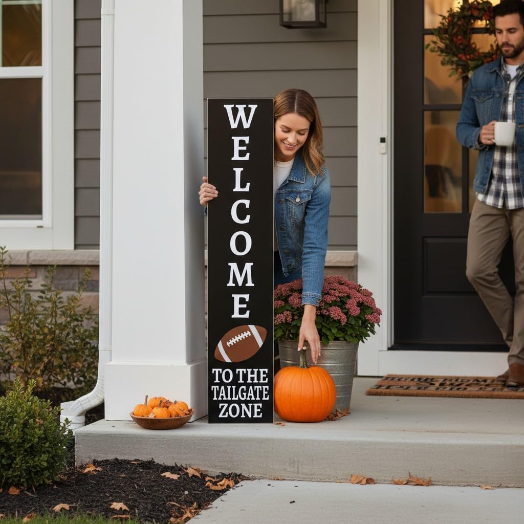 Football Porch Sign Outdoor PVC Welcome to the Tailgate Zone, Football Decorations for Front Door, Vertical Leaner Standing Decor