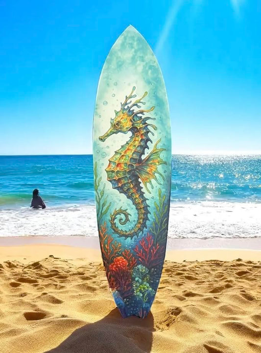 Seahorse Surfboard Wall Art – Outdoor Coastal PVC Beach House Decor, Ocean Theme Nautical Wall Sign