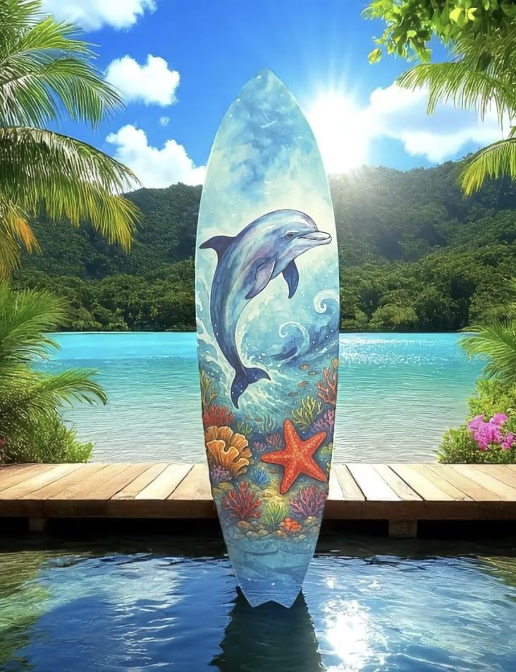 Surfboard with dolphin and coral design in a tropical setting with water and mountains.