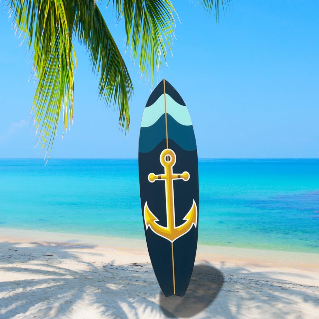 Nautical Anchor Surfboard Wall Art, Navy Blue and Teal, Beach House Decor, Indoor Outdoor - Weather Resistant PVC