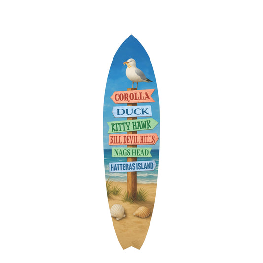 Outer Banks Surfboard Wall Art, Directional Beach Towns Sign with Seagull, Weather-Resistant PVC Coastal Decor