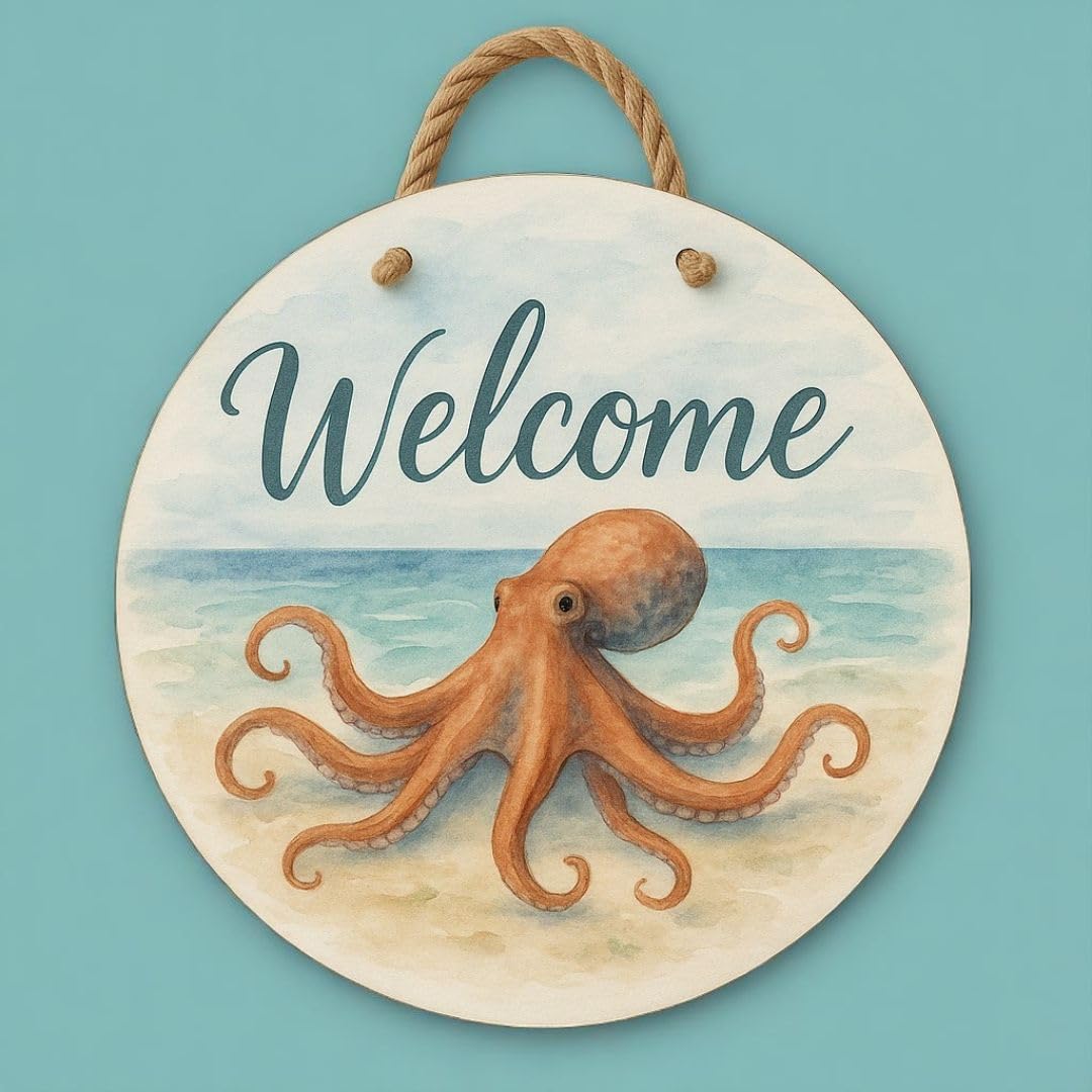 Octopus Front Door Welcome Sign, Nautical Beach Wreath Wall Hanging, Waterproof PVC Outdoor Decor, Coastal Porch Decoration, 16" Round
