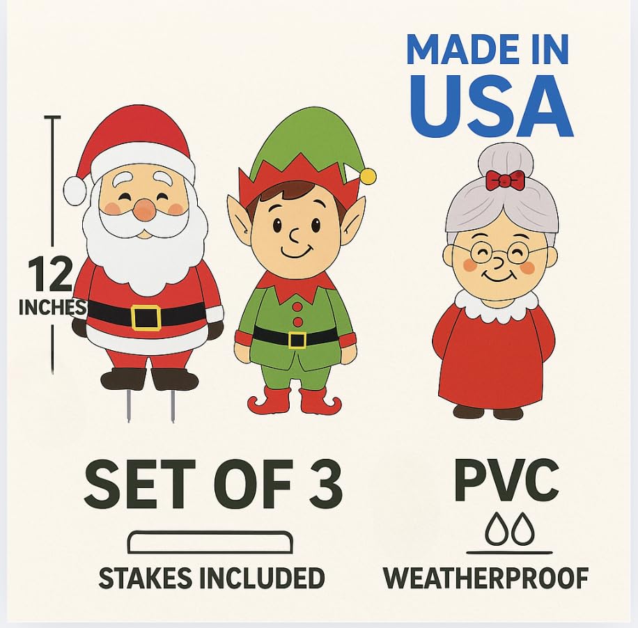 Christmas Yard Signs Set of 3, Outdoor PVC Christmas Decorations with Stakes, Holiday Decor Santa, Elf, Mrs. Claus