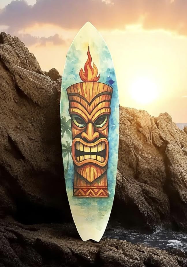 JennyGems Tiki Surfboard Wall Art  Polynesian Tropical PVC Decor, Outdoor Tiki Mask Surfboard Sign for Patio, Beach House, Luau, or Bar Wall Display, 3 Foot