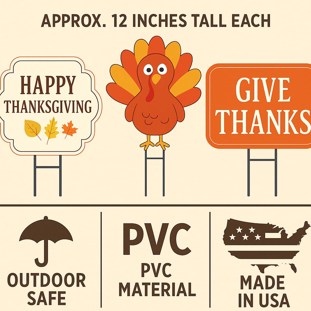 Thanksgiving Yard Signs Set of 3, Outdoor Waterproof PVC Fall Decor with Stakes, Give Thanks, Lawn Decorations