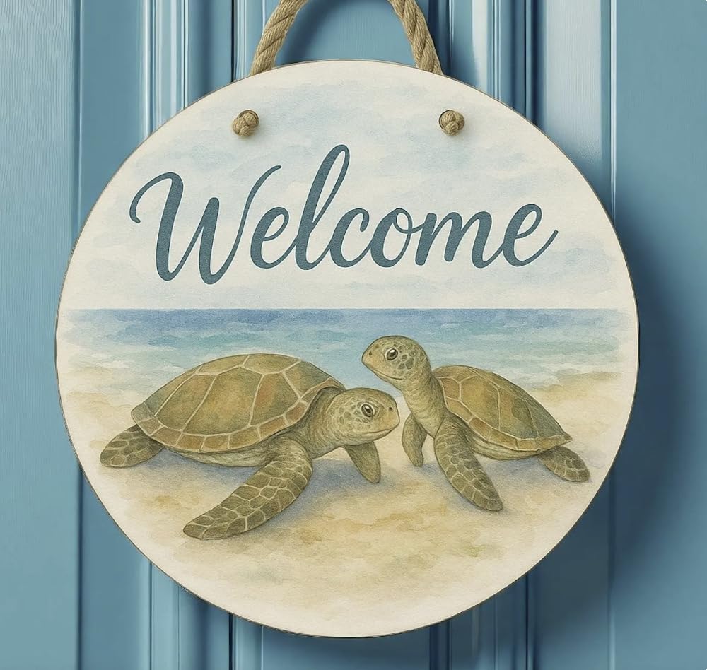 Turtle Front Door Welcome Sign – Nautical Beach Wreath Wall Hanging, Waterproof PVC Outdoor Decor, Coastal Porch Decoration, 16” Round