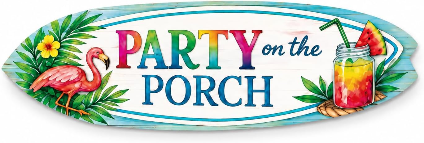 JennyGems Party on the Porch Surfboard Wall Art Indoor Outdoor PVC Porch Decor, Tropical Patio Sign, Flamingo Summer Decor, 2 Foot