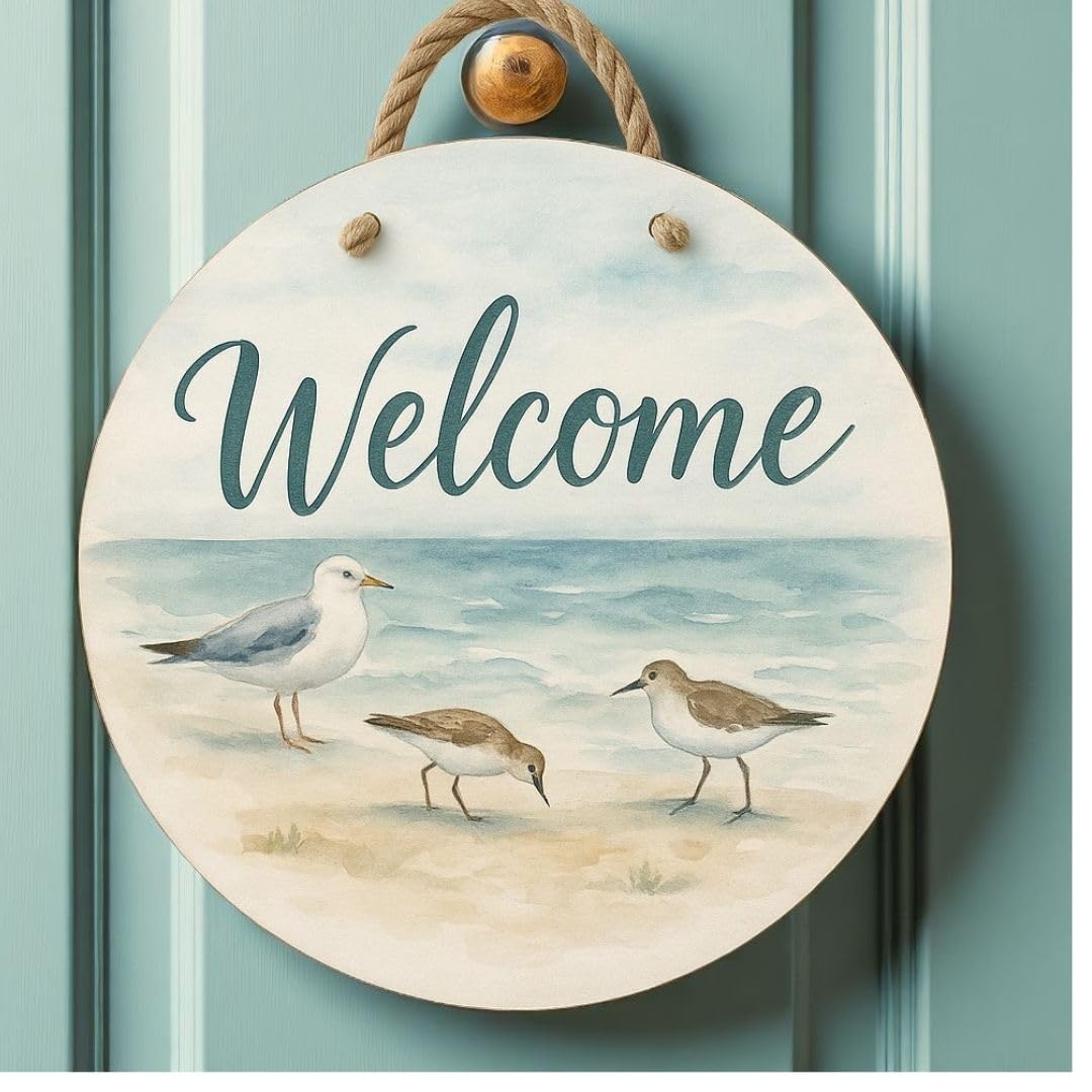 Sandpiper Beach Welcome Sign | Round Coastal Door & Porch Decor