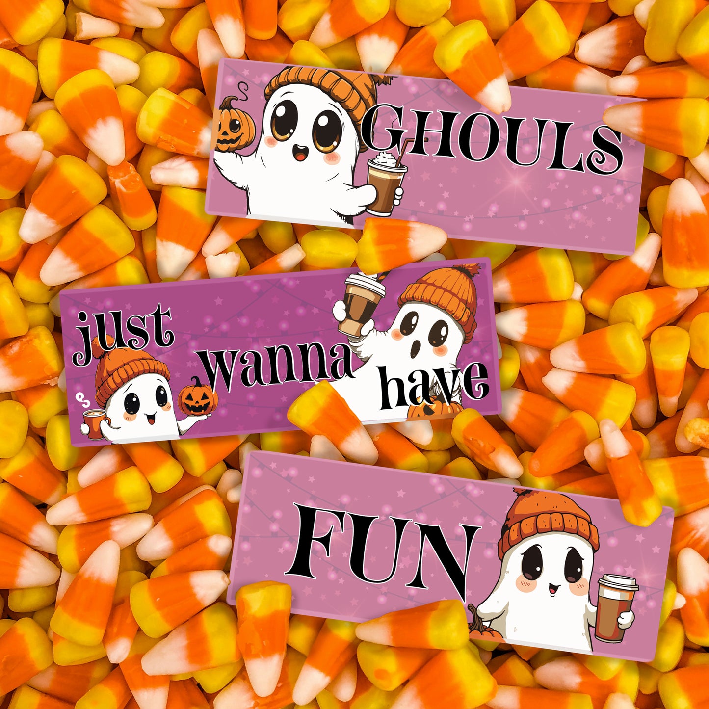 Ghouls Just Wanna Have Fun Cute Girl Ghosts Pink Pumpkin Spice Fall Decor, 3pc Halloween Wooden Block Set, Halloween Decorations