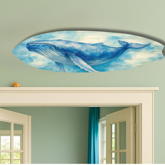 Watercolor Humpback Whale Surfboard Wall Art: Coastal Beach House Decor