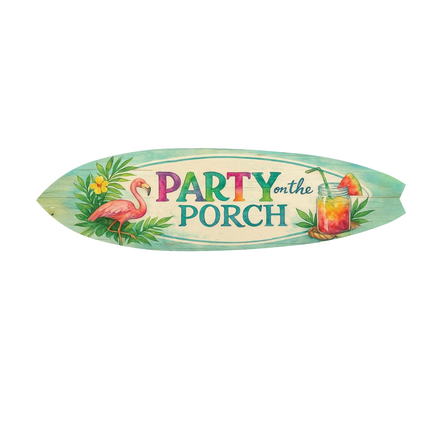 Party on the Porch Surfboard Wall Art – Indoor Outdoor PVC Porch Decor, Tropical Patio Sign, Flamingo Summer Decor